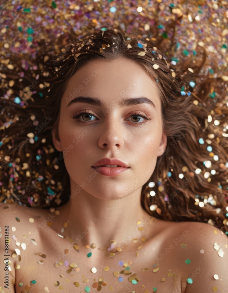 Beautiful young woman shrouded in confetti Beautiful young woman shrouded in confetti