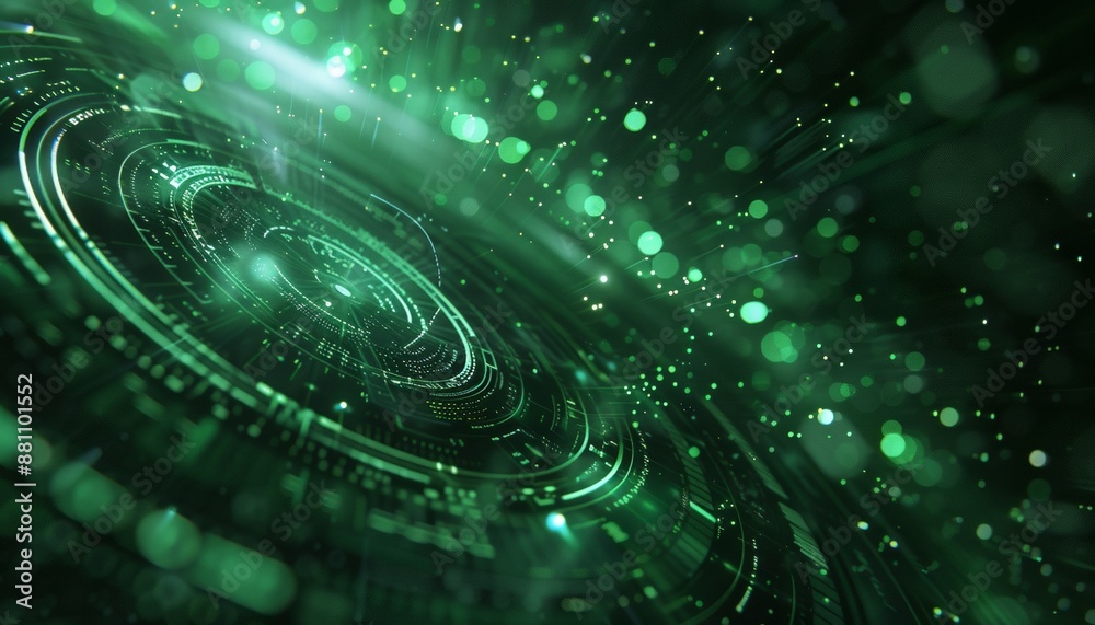 Obraz premium Abstract Green Circular Patterns and Light Streaks on Dark Background, Futuristic Tech Digital Art, Copy Space