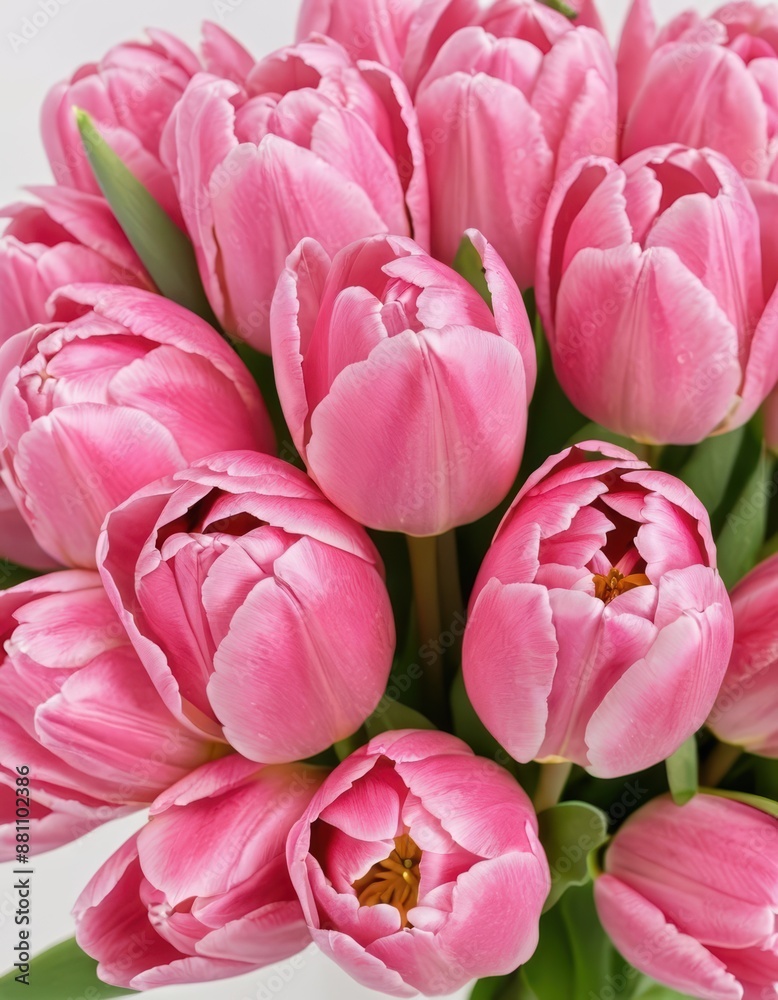 Fototapeta premium Beautiful bouquet of pink tulips for a wedding, the bouquet is tied with pink ribbons, white background, festive bouquet