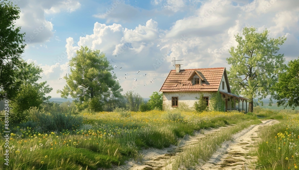 Rural Landscape with Village House in Field, Tranquil Setting Rural Landscape with Village House in Field, Tranquil Setting