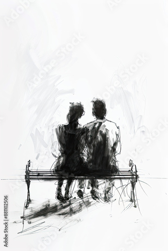 A black and white sketch of a couple sitting on a bench