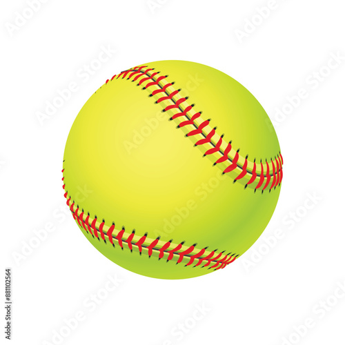 realistic shaded classic yellow softball with red stitching isolated background