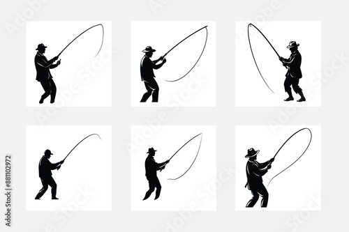 set of silhouettes of people catching fish