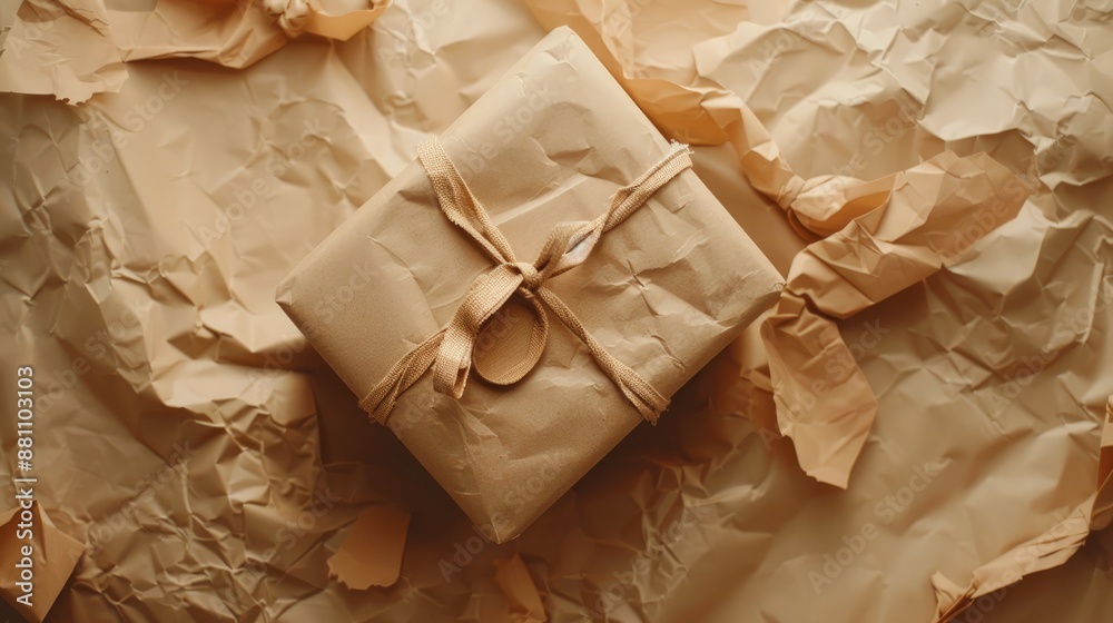 Unwrapping center origin Beige packaging paper tearing revealing gifts Eco friendly sustainable resource Top view with space Unwrapping center origin Beige packaging paper tearing revealing gifts Eco friendly sustainable resource Top view with space