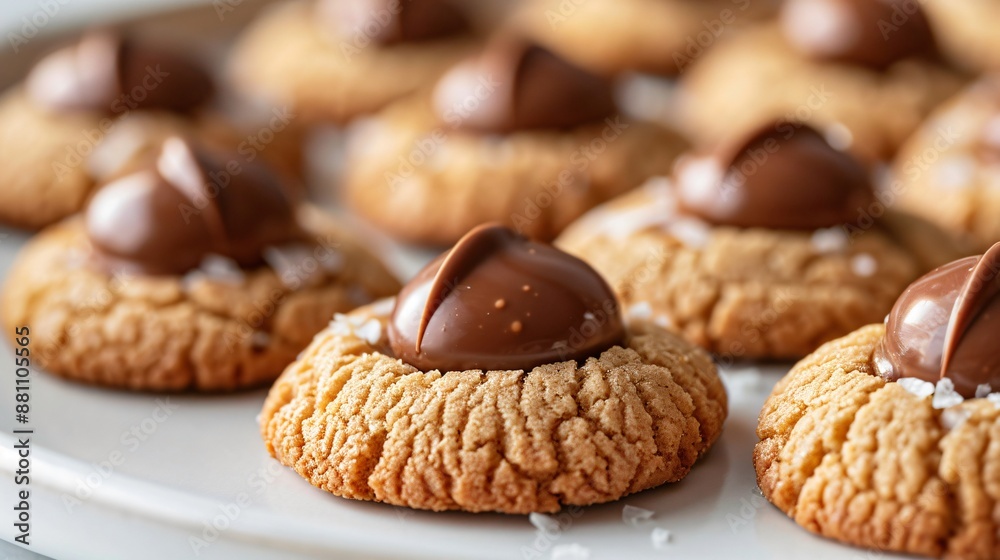 A close up shot of a peanut butter blossom cookie, with a chocolate kiss in the center
