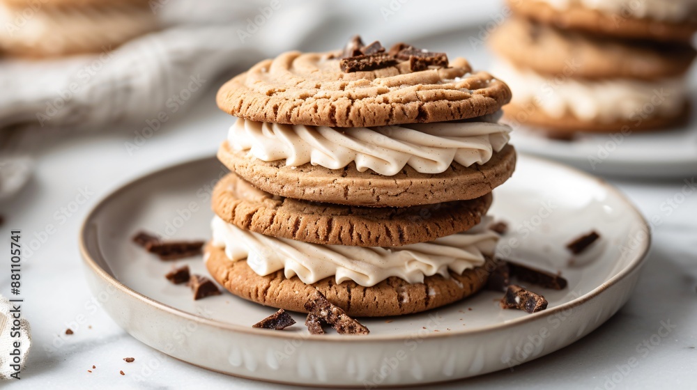 A decadent cookie sandwich filled with creamy vanilla frosting, displayed on a modern plate