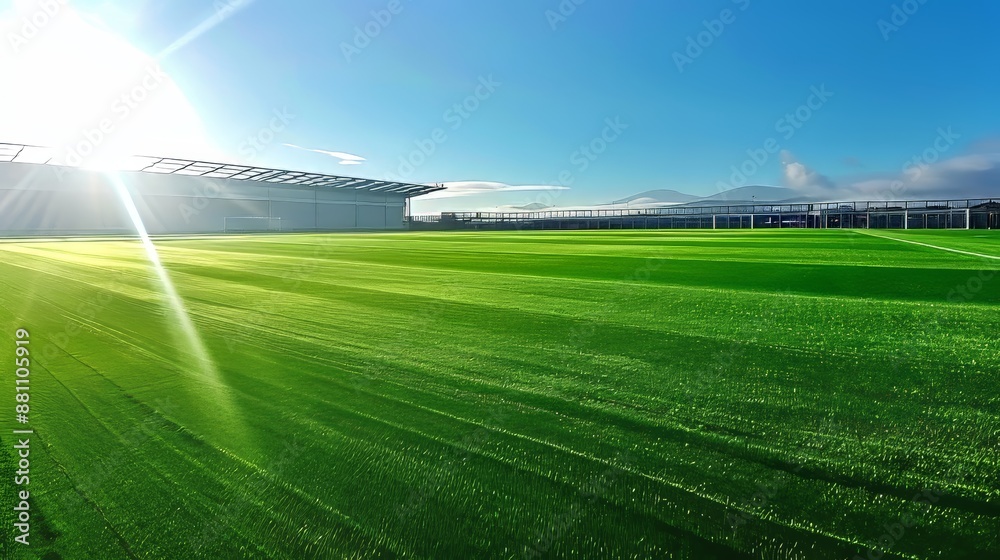 Soccer field with green synthetic grass and shadow, artificial turf on football ground Soccer field with green synthetic grass and shadow, artificial turf on football ground