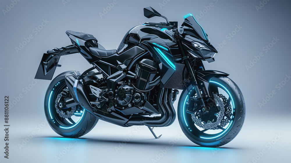 Futuristic Neon Motorcycle with Blue LED Lights on Gray Background
Futuristic Neon Motorcycle with Blue LED Lights on Gray Background
