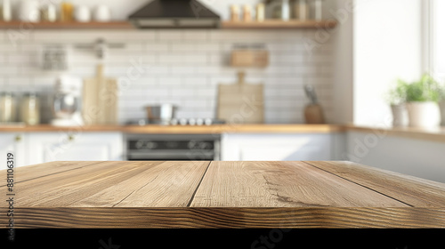 Certainly, here are 25 keywords for selling images of a detailed photo showing Wooden table on blurred kitchen bench background. Empty wooden table and blurred kitchen background separated keywords 