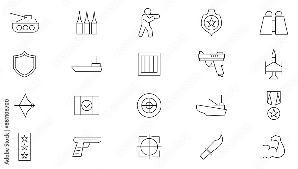 Defense line icon set. Military, army, war, battle, conflict, military, missile, refugees, bomb and tank outline icon collection. UI thin outline icons Defense line icon set. Military, army, war, battle, conflict, military, missile, refugees, bomb and tank outline icon collection. UI thin outline icons