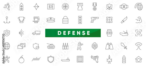 Defense line icon set. Military, army, war, battle, conflict, military, missile, refugees, bomb and tank outline icon collection. UI thin outline icons