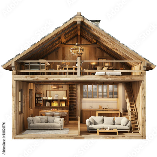 Detailed illustration showcasing the inside of a charming, two story wooden cabin with furniture photo