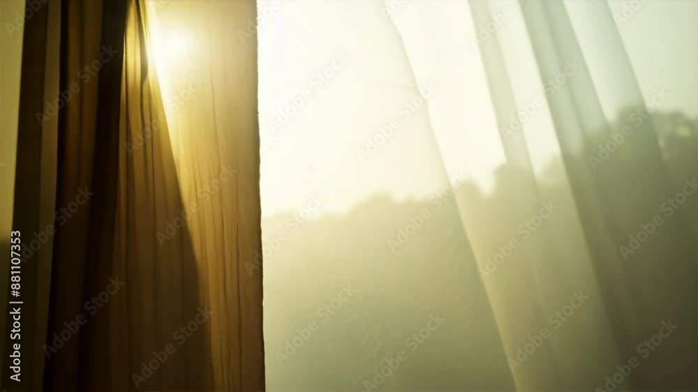 Bright morning sun in the open window through the curtains