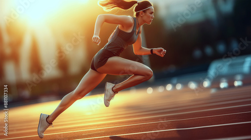 Female athlete running on track at sunset, focused young woman sprinting with motion blur, athleticism and fitness concept, determination and speed
