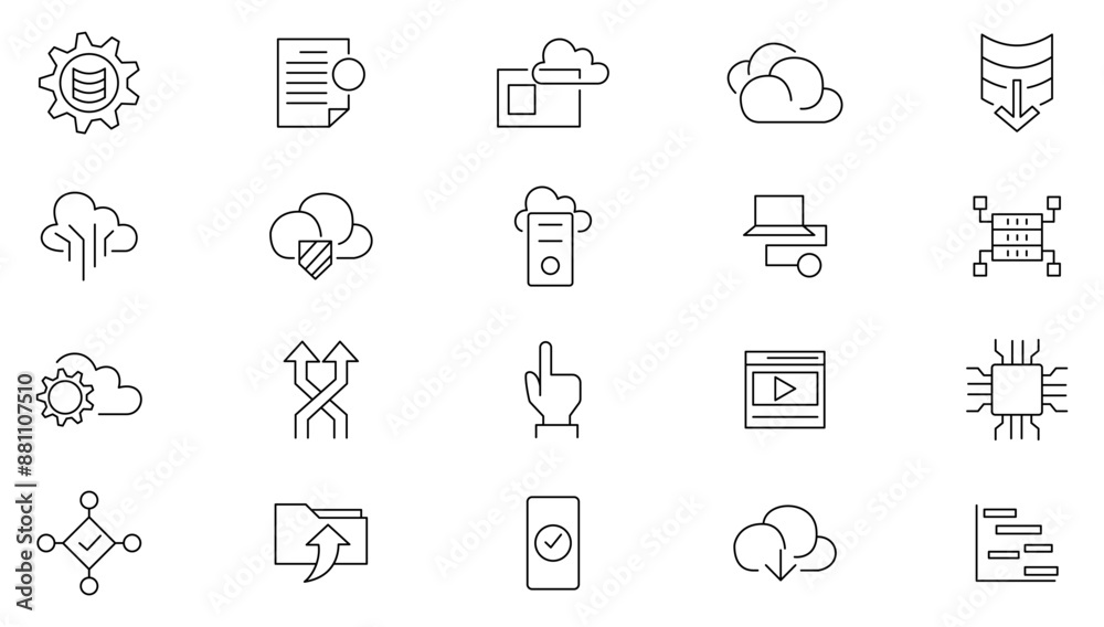 Data storage thin line icon set. Big data, data security, data storage, data visualization, data management, database, server, monitoring, cloud computing, and technology outline icon collection Data storage thin line icon set. Big data, data security, data storage, data visualization, data management, database, server, monitoring, cloud computing, and technology outline icon collection