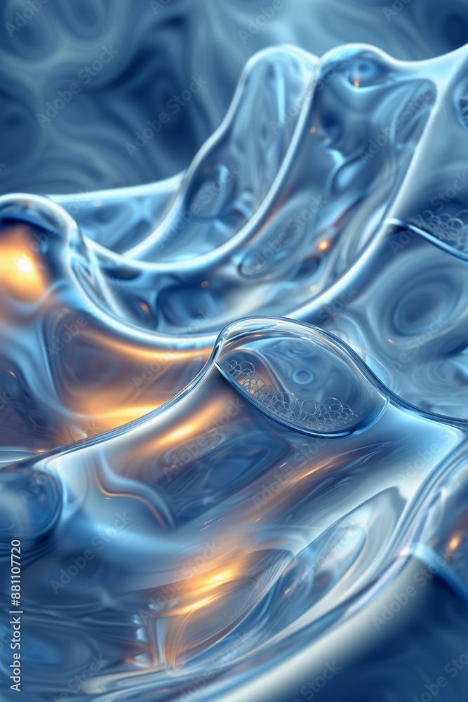 An abstract close-up of fluid-like blue and orange shapes creating a dynamic, wavy pattern, liquid transparent texture