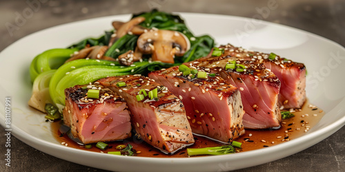 Seared tuna steaks with sesame seeds, sautéed bok choy, and mushrooms