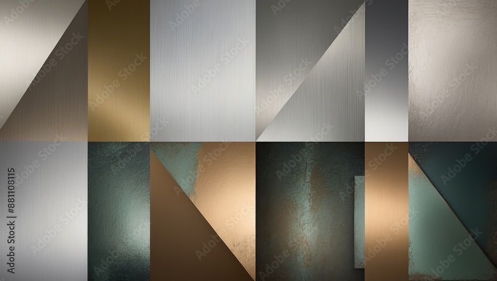 A grid of geometric shapes with various metallic finishes and textures A grid of geometric shapes with various metallic finishes and textures