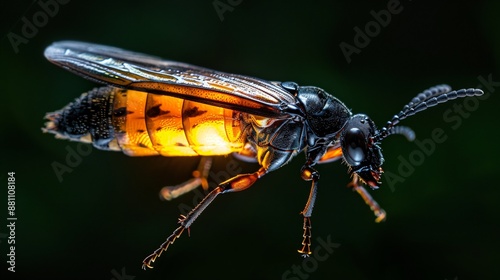 Detailed shot of a firefly, with its illuminated abdomen visible in the close up view photo