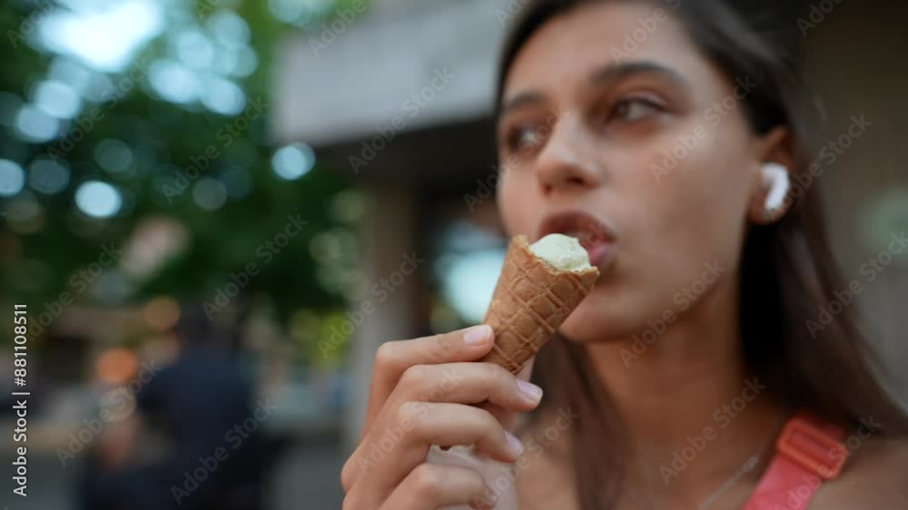 A woman is joyfully enjoying an ice cream cone in an urban park setting in the city A woman is joyfully enjoying an ice cream cone in an urban park setting in the city