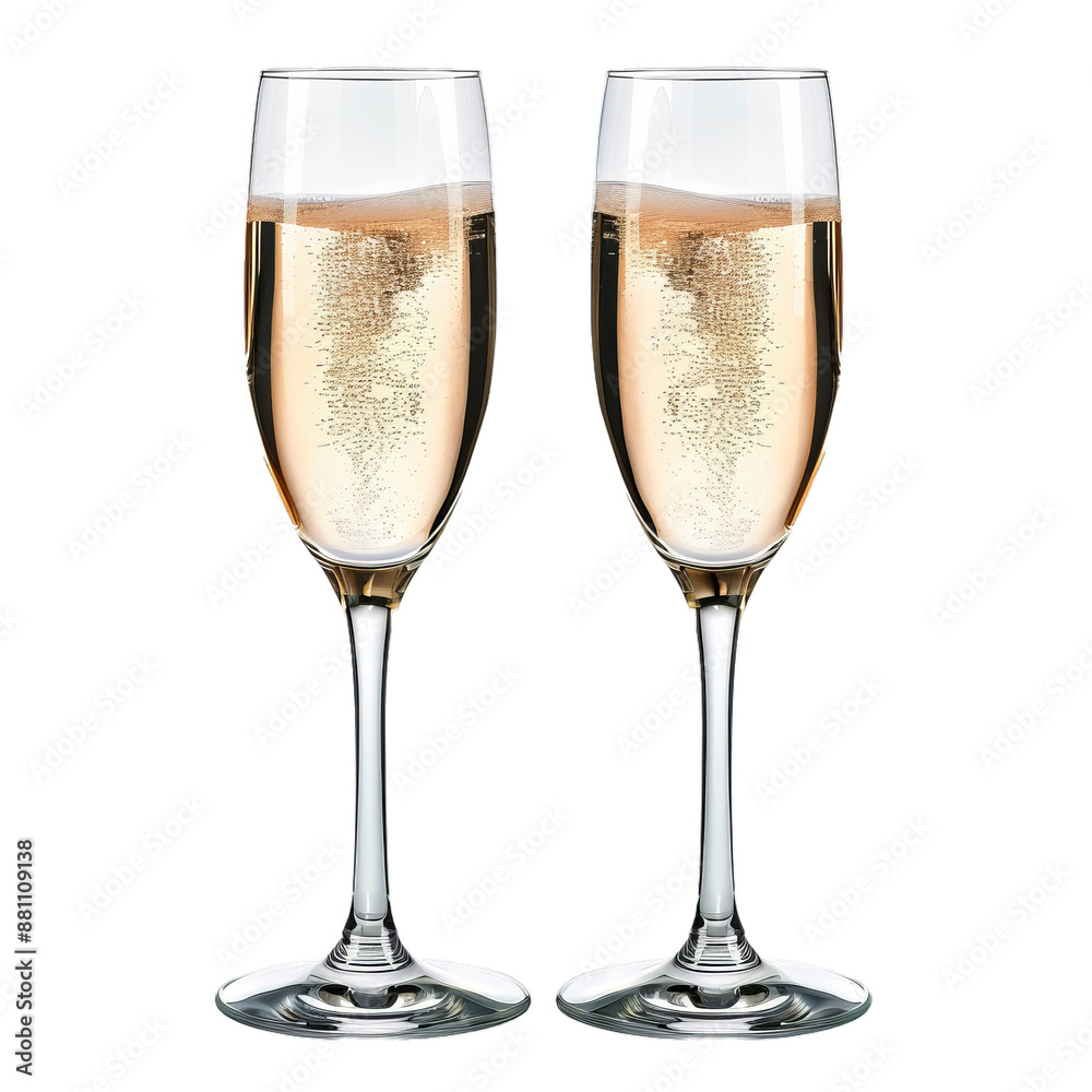 Two elegant champagne glasses filled with sparkling wine, isolated on a transparent checkered background Two elegant champagne glasses filled with sparkling wine, isolated on a transparent checkered background