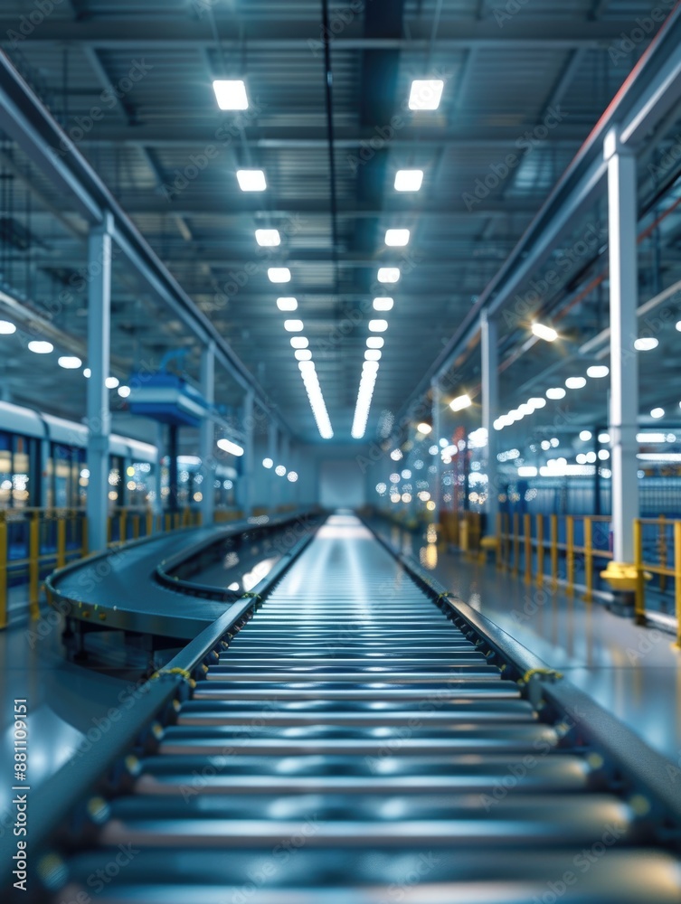 Industrial setting with conveyor belt and bright lights Industrial setting with conveyor belt and bright lights