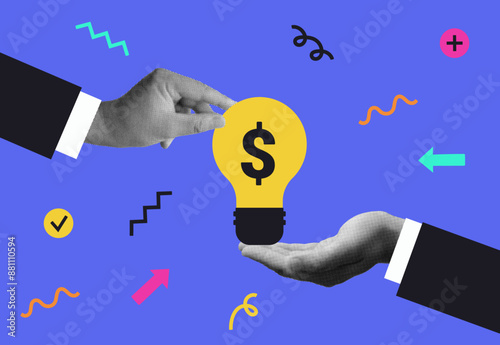 Halftone, vintage, pop-art, business collage of sharing ideas and brainstorming, startup, creative team. One hand gives another a bulb, a concept for a business presentation social media banner.
