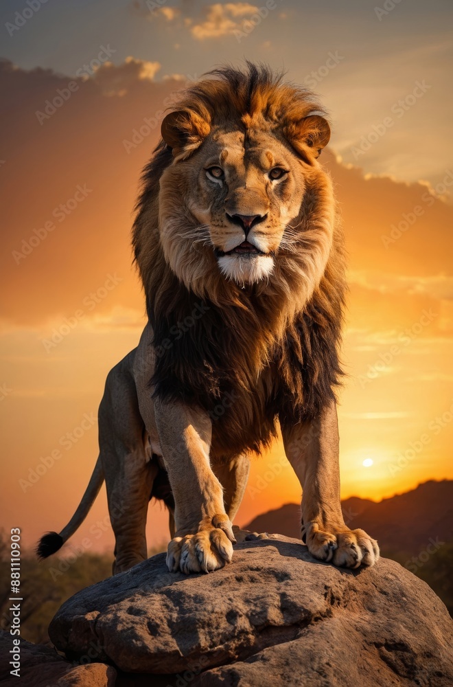 Majestic and powerful lion standing on rock at sunset Majestic and powerful lion standing on rock at sunset