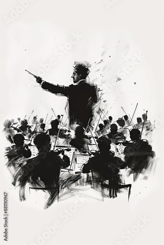 A black and white sketch of a conductor leading an orchestra photo