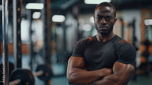 Angry black male trainer or gym staff with folded arms, copy space 