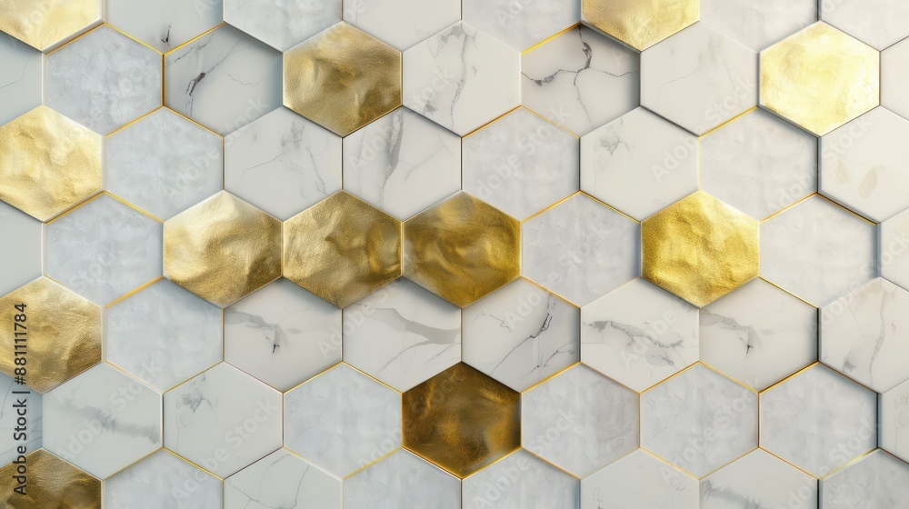 Fototapeta premium Golden Hexagon Pattern on a Marble Wall