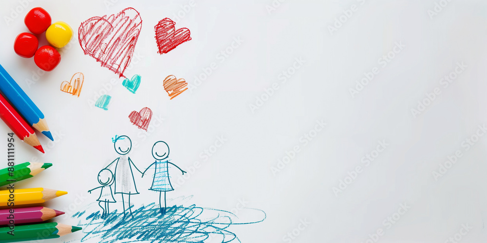 Child's family drawing with hearts above, colored pencils to side Child's family drawing with hearts above, colored pencils to side