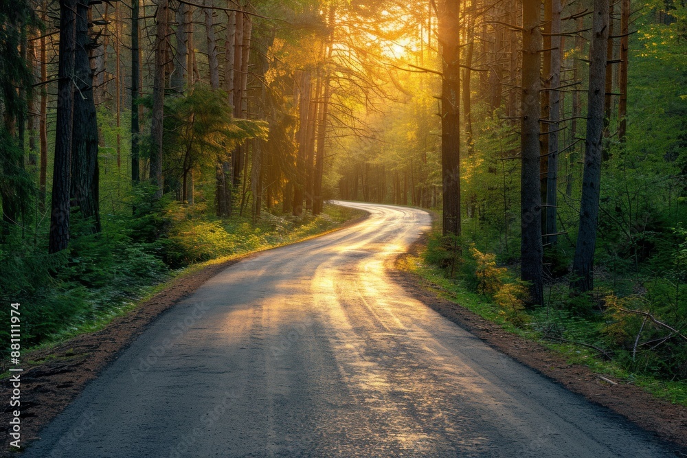 Fototapeta premium The sunlight is filtering through the branches of trees along a dusty road