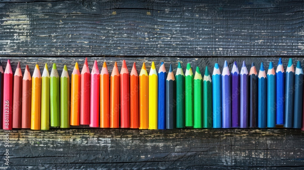 A row of pencils of different colors on a wooden surface. A row of pencils of different colors on a wooden surface.