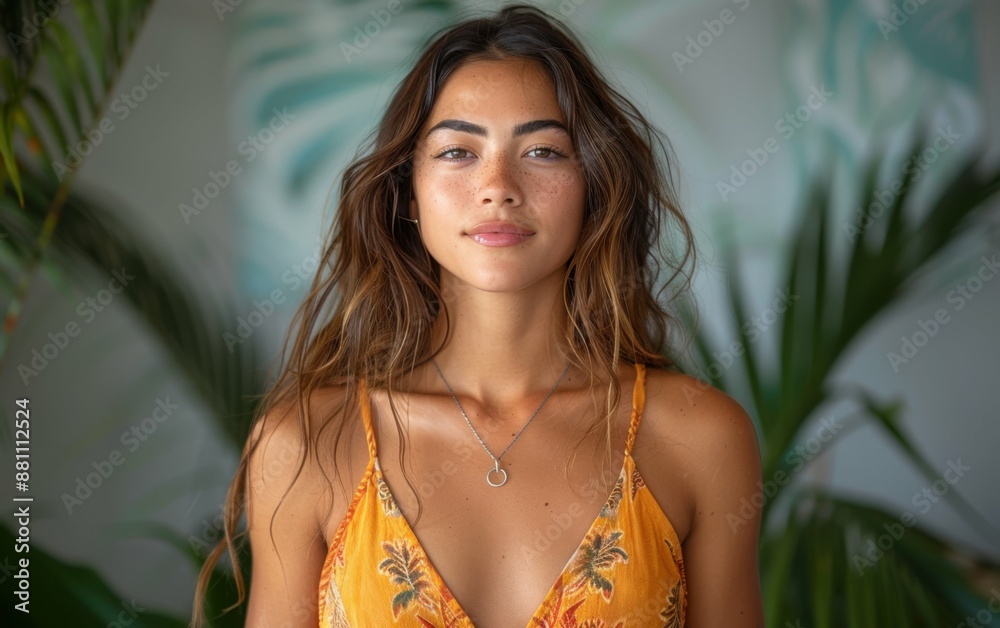 A woman with long brown hair and a necklace is smiling. She is wearing a yellow dress. The background has green plants A woman with long brown hair and a necklace is smiling. She is wearing a yellow dress. The background has green plants