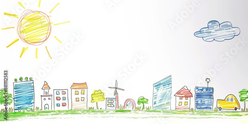 Child drew car-free city with buildings, trees, and bright sun