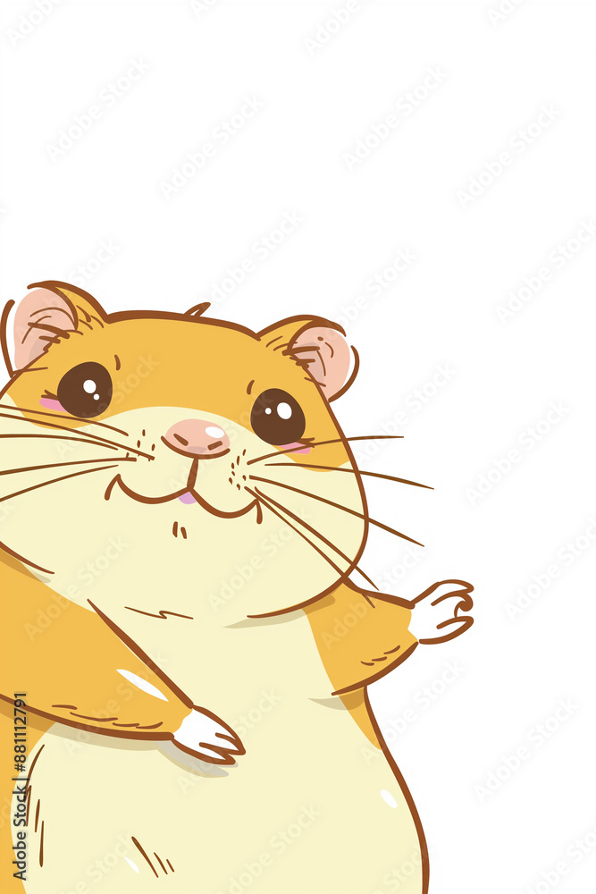 A cartoon hamster smiles and waves with copy space on the left A cartoon hamster smiles and waves with copy space on the left
