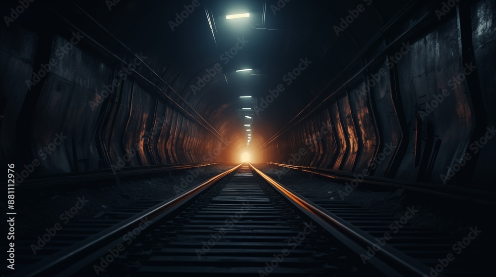 Obraz premium Illuminated Railway Tunnel with Vanishing Perspective and Glowing Lights