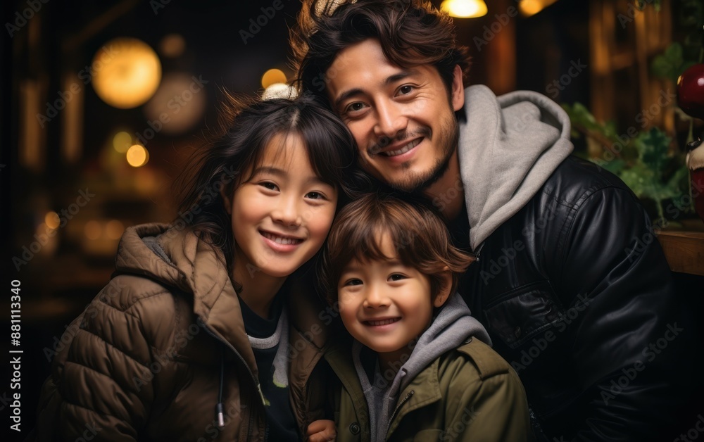 A man and two children are smiling for the camera. The man is wearing a black jacket and the children are wearing brown jackets A man and two children are smiling for the camera. The man is wearing a black jacket and the children are wearing brown jackets