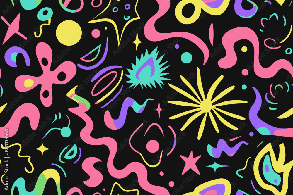 Wavy Swirl Trippy seamless pattern. Geometric bright color funky groovy 90s cartoon isolated print pattern. Vector illustration on black background