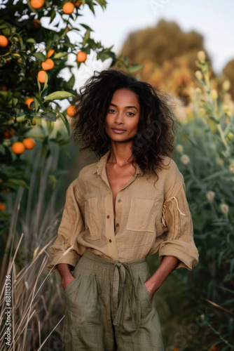 Portrait of beautiful black woman next to an orange tree, wearing a 100% linen green drawstring pants and blouse