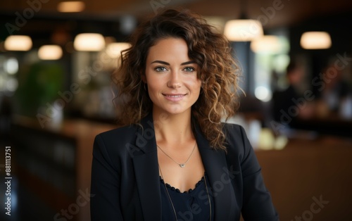 A woman with curly hair is smiling for the camera. She is wearing a black jacket and a necklace