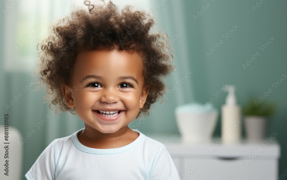 A smiling baby with curly hair is standing in front of a white wall. The baby is wearing a white shirt and he is happy A smiling baby with curly hair is standing in front of a white wall. The baby is wearing a white shirt and he is happy