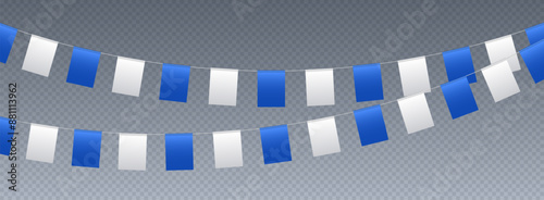 Bunting flags, carnival party flags, white and blue festive pennants hanging on a rope. Festival vector decoration.