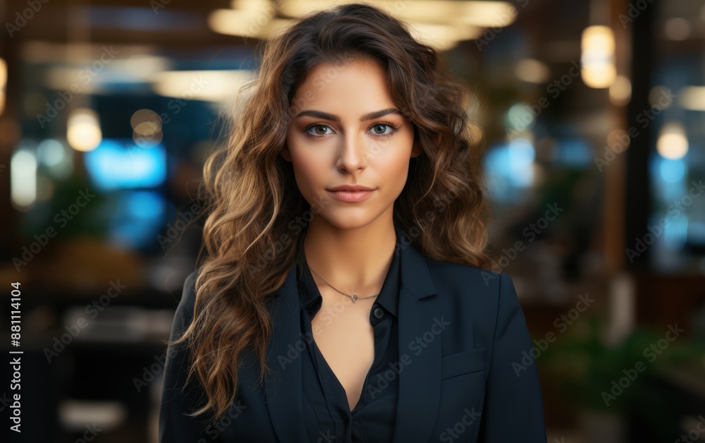 A woman with long brown hair and a black blazer and a necklace. She is smiling and looking at the camera