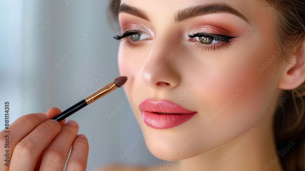 Close-up of a girl's eyelids with shadows applied on them.A young woman is getting professional eye makeup with a brush. Makeup artist at work. Illustration for poster, cover, brochure or presentation Close-up of a girl's eyelids with shadows applied on them.A young woman is getting professional eye makeup with a brush. Makeup artist at work. Illustration for poster, cover, brochure or presentation