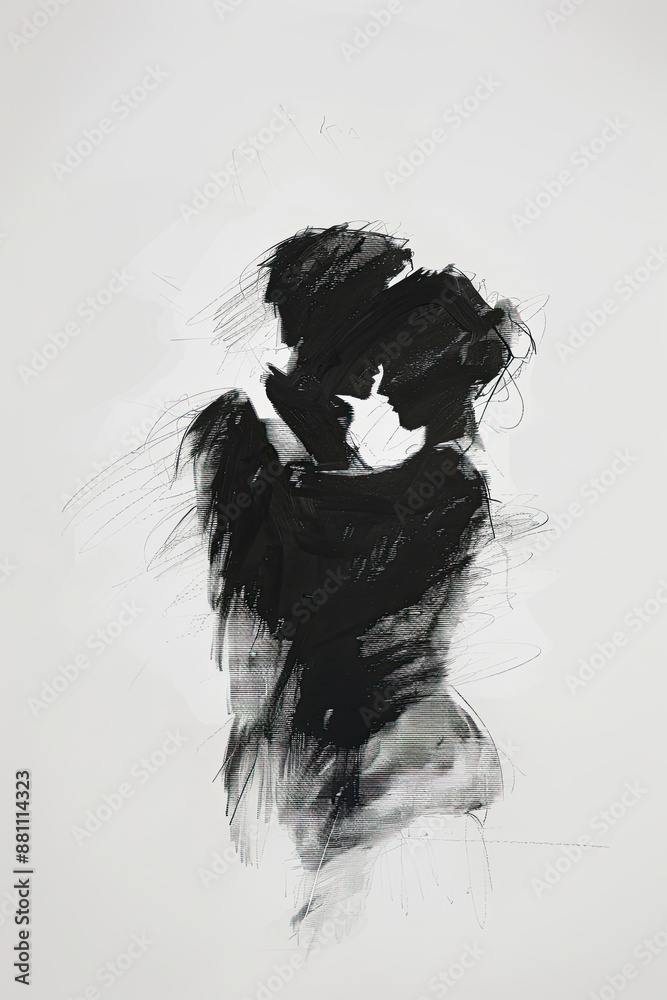Fototapeta premium A black and white sketch of a couple embracing