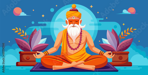 Indian guru meditating in lotus position, surrounded by plants and a full moon. This image evokes peace and tranquility