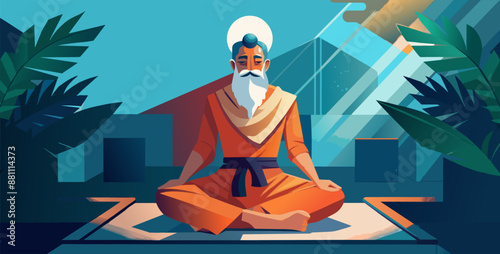Man exercise meditation in lotus pose or guru practicing yoga for improve mental health and achieve a state of relaxation and calm, leisure and calmness