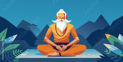 Elderly guru with a long white beard is sitting in lotus pose, meditating against a backdrop of mountains and a blue sky